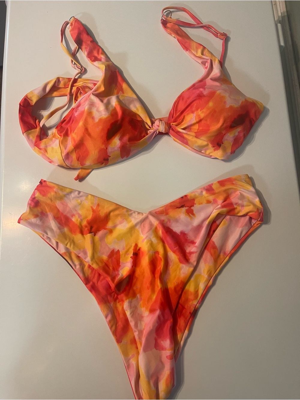 NWT - Women’s Orange & Pink Watercolor Thong Bikini Set - Xl